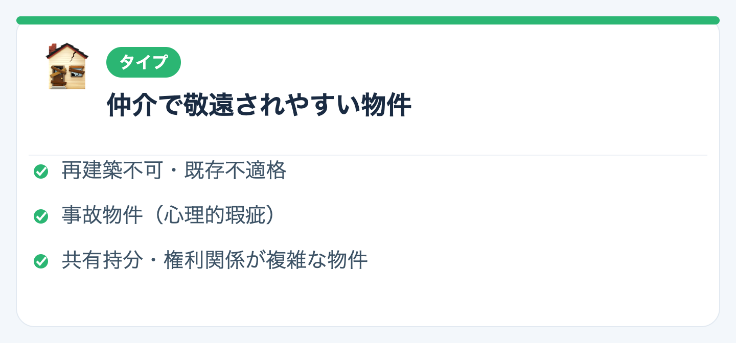 仲介で敬遠されやすい主な物件タイプの図解