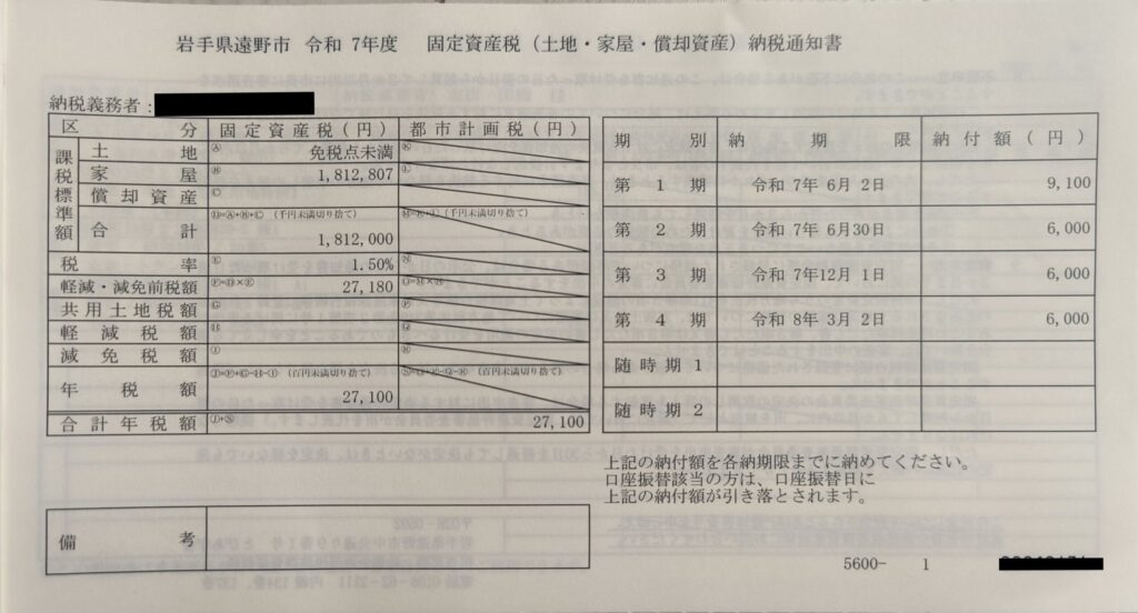 遠野市の固定資産税納税通知書。土地は免税点未満で、年税額は27,100円